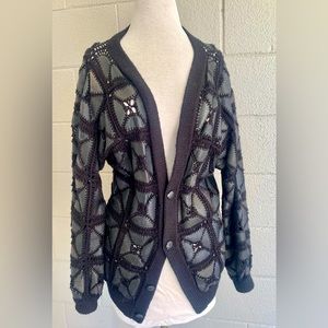 Vtg 70’s Black LEATHER PATCHWORK Crochet CARDIGAN Jacket Unisex M Artisan As Is